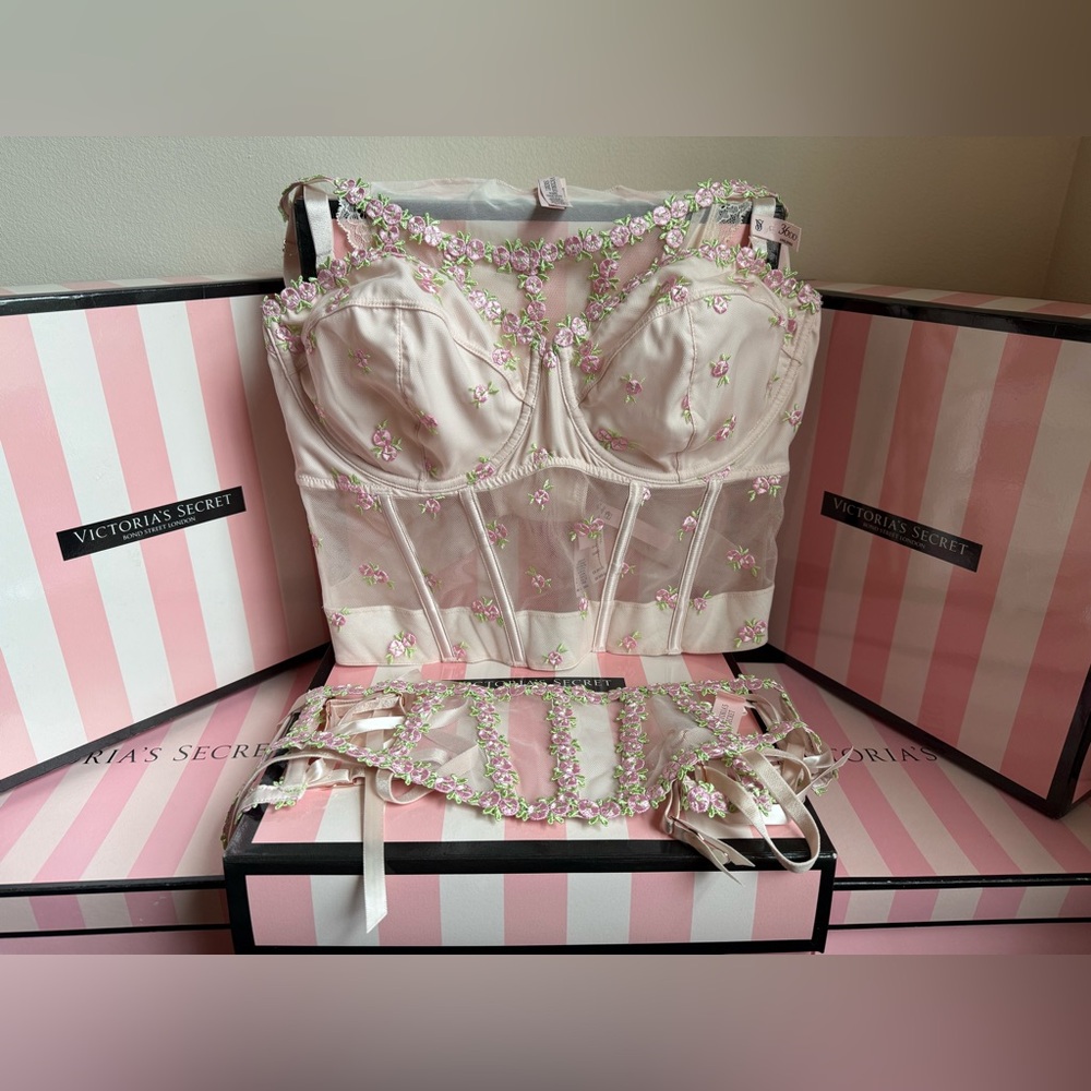 Victoria's Secret Rosebud Embroidery 3 Set NWT Corset 36 DD panty L Garter XS/S - Picture 12 of 13